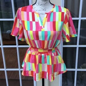 Haptics Multi-Color Block Smocked Waist Women's Blouse NWOT